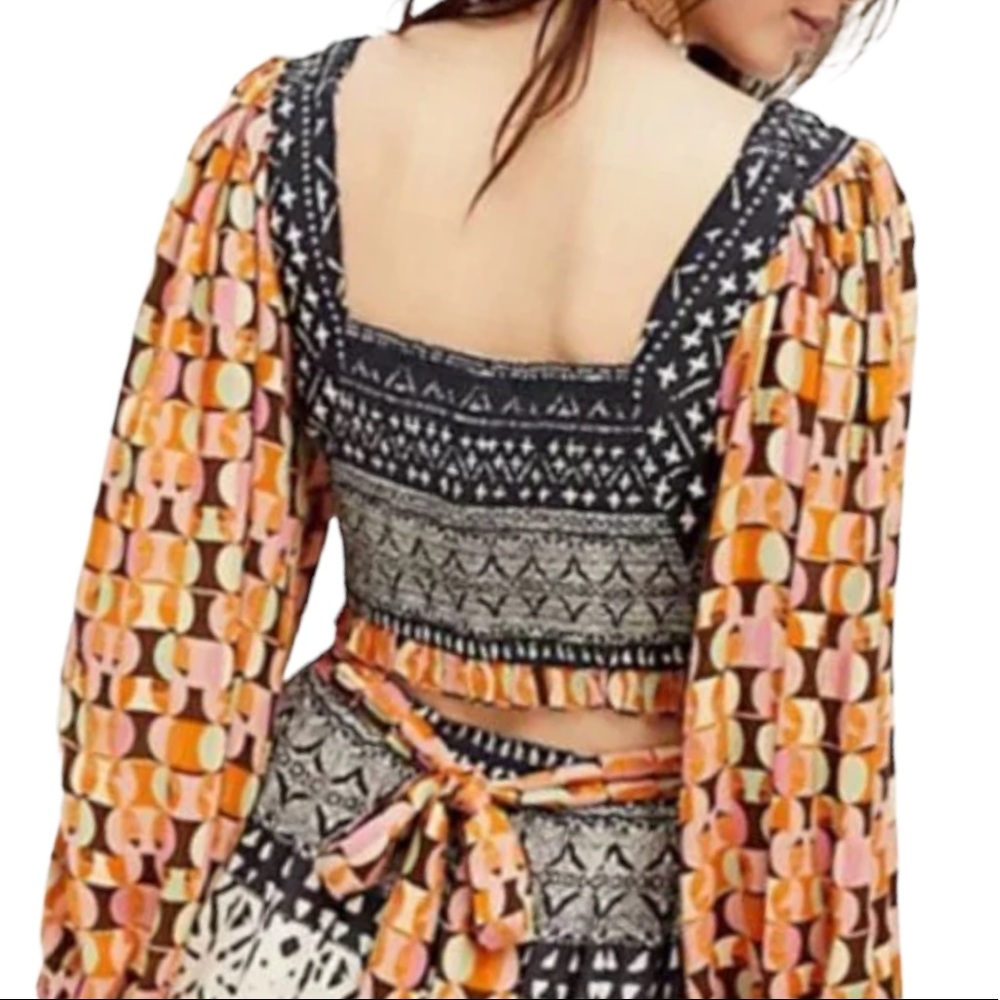 New Free People Naomi Sm Black Orange Midriff Puff Sleeve Mixed Print Crop Top - Picture 2 of 11
